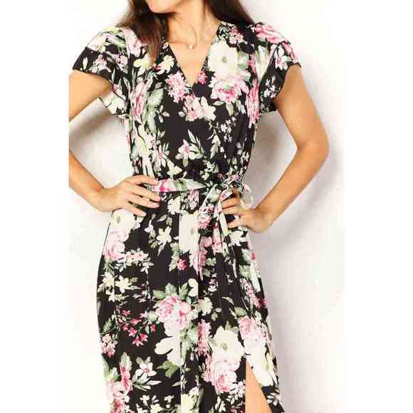 Double Take Floral Flutter Sleeve Tie-Waist Split Dress - Picture 2 of 6